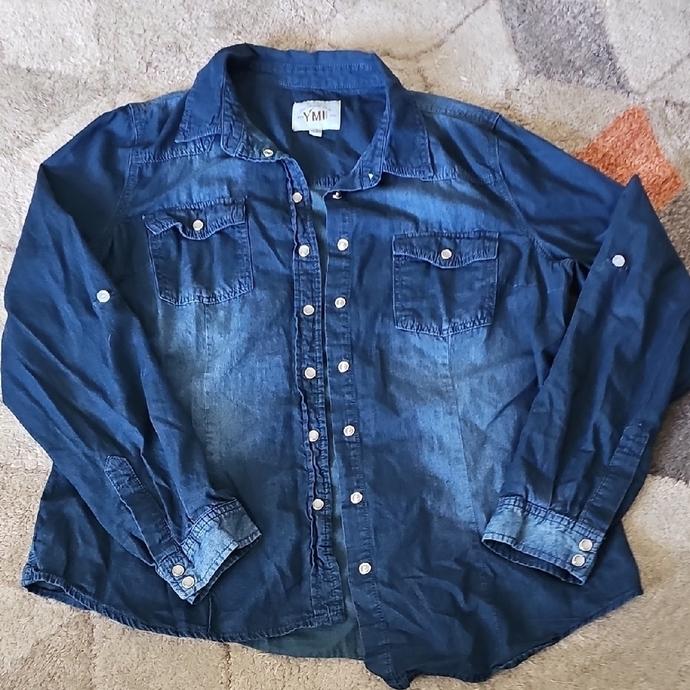 YMI Blue Pearl Snap Denim Shirt with Western Style